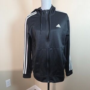 Adidas Hoodie Womens Size M Black White Full Zip Essentials 3 Stripe Sweatshirt